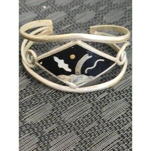 Vintage Jewelry Alpaca Mexico Inlay Cuff Bracelet Modernist Bird Moon Landscape